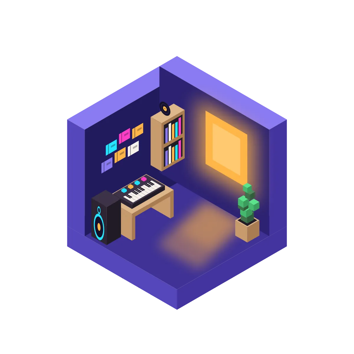 A cutaway Studiocube room with a keyboard, speaker, vinyl shelf, ticket wall, plant and a lit window